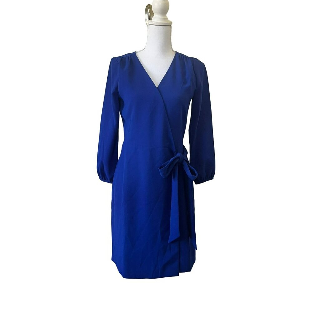 J Crew Womens Dress Wrap Knee Length Cobalt Blue Crepe Long Sleeve Tie Waist 0